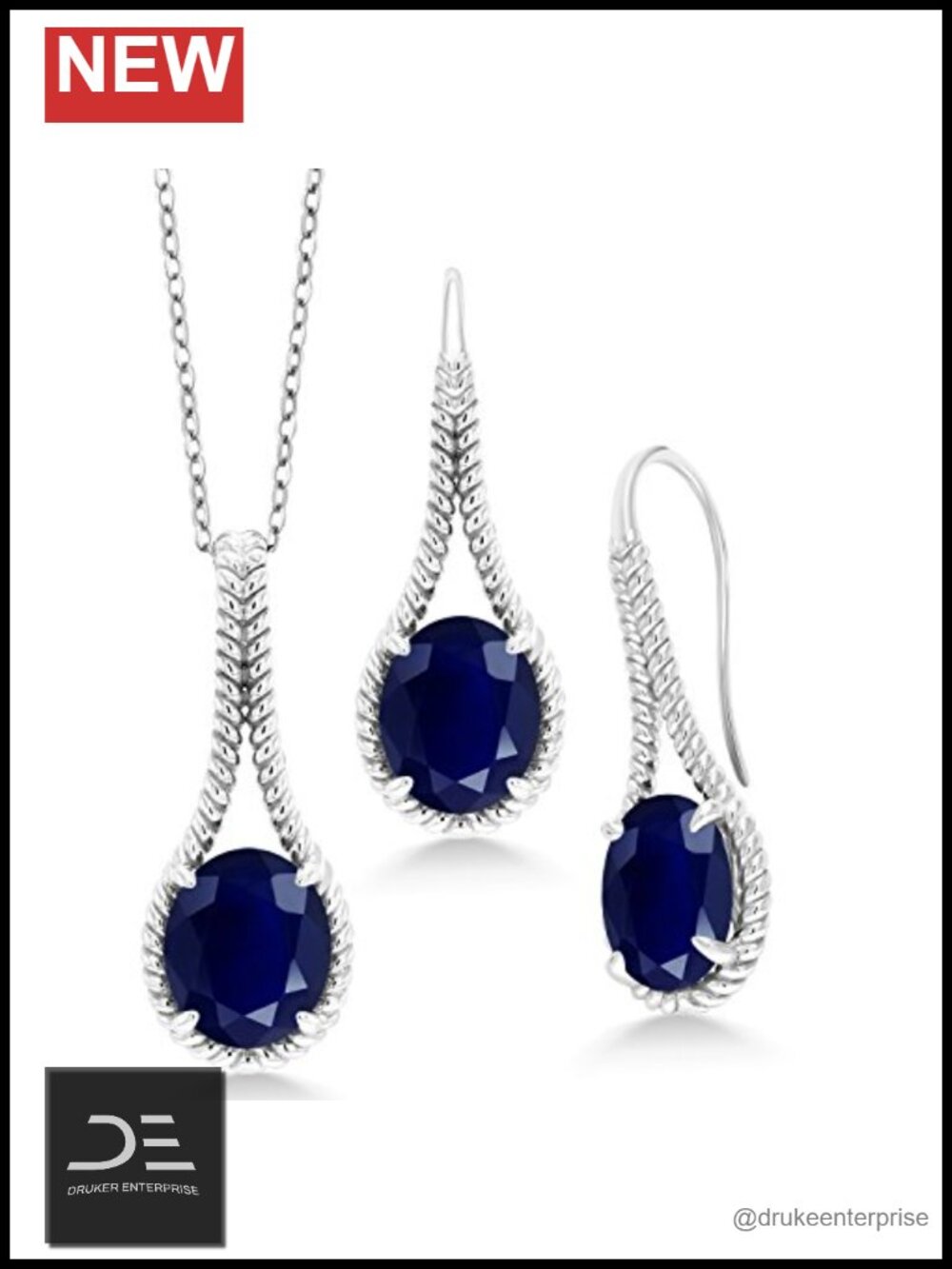 925 Sterling Silver Oval Sapphire Jewelry Set Pendant Earrings